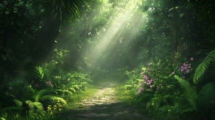 Leinwandbilder - Lush forest path illuminated by sunlight, surrounded by vibrant greenery and flowers.