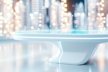 Poster - Hologram display emanates light from a sleek office desk in a modern urban environment with illuminated buildings blurred in the background, creating an inspiring atmosphere
