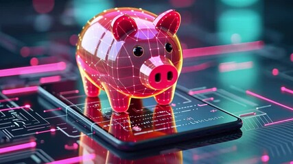 Poster - Digital piggy bank on smartphone screen surrounded by glowing neon circuits in futuristic design