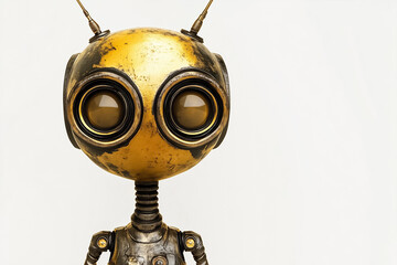 Poster - A robot face with a calm and neutral expression gazes at the camera. The metallic surface and large eyes create an engaging visual suitable for tech discussions and educational content