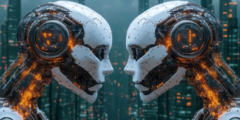Poster - Two humanoid robots facing each other in a futuristic city with tall buildings and advanced technology