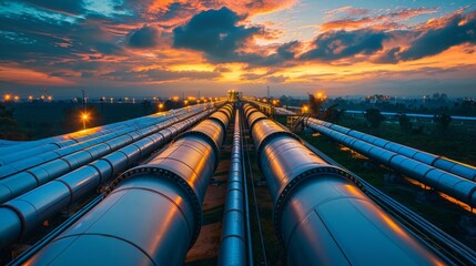Poster - Pipelines stretch into the horizon as the sun sets, casting warm hues across the sky. Streetlights begin to glow, adding a contrast to the serene landscape.
