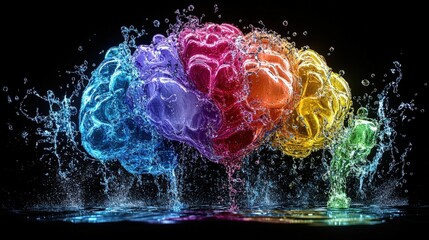 Poster - Rainbow colored brain splashing into water creating colorful ripples and waves in a vibrant scene