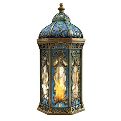 Poster - An intricately detailed blue and gold lantern with a lit flame inside, exhibiting exquisite craftsmanship and traditional design.