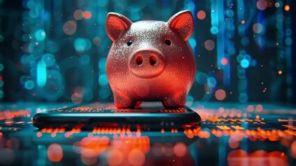 Poster - 4k animated visuals showcasing a metallic piggy bank on a smartphone amidst vibrant digital backgrounds