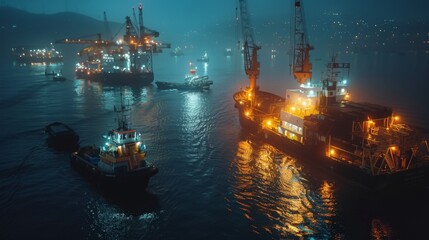 Aufkleber - Cargo ships and oil rigs are actively engaged in nighttime operations within a busy harbor. Bright lights reflect on the water, creating a vivid maritime atmosphere.