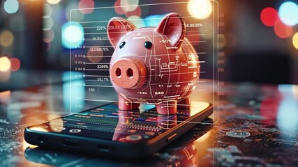 Poster - Modern piggy bank on smartphone screen showcasing digital finance in a vibrant urban setting