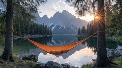 Poster - Sunrise Hammock Relaxing Mountain Lake Serenity