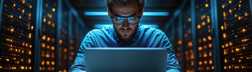 Poster - man using laptop while standing in a server room surrounded by computer servers and equipment