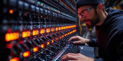 Poster - Man working on a computer in a modern office environment with focused expression and natural lighting