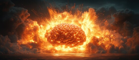 Poster - Brain exploding in the air with colorful fragments and dynamic motion on a dark background