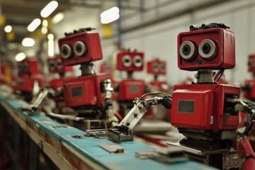 Poster - robot assembly. a row of red robots efficiently working on an assembly line, showcasing advanced aut