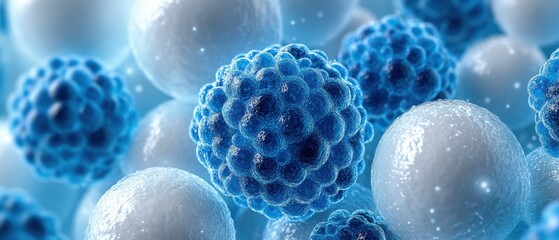 Poster - Group of blue and white spheres arranged on a white background with soft shadows and highlights