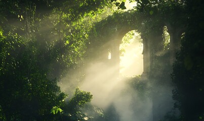 Poster - Mysterious sunlight filters through an archway in a lush, green forest.