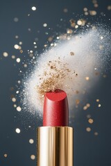 Poster - A striking shot captures bright lipstick emerging through an explosion of glittering powder. The dynamic interaction creates a lively energy that draws attention and highlights beauty