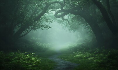 Poster - Mysterious fog envelops a lush forest path, creating an ethereal atmosphere.