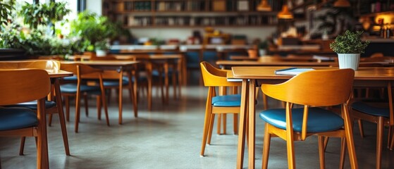 Poster - Table with chairs and a potted plant in a modern dining area interior design