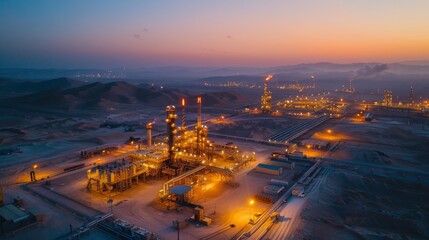 Leinwandbilder - A sprawling oil refinery complex is seen glowing with lights at dusk.