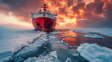 Poster - A research vessel moves through a pathway of ice in polar waters during sunset, with vibrant colors illuminating the sky and reflecting on the water surface, creating a stunning contrast.