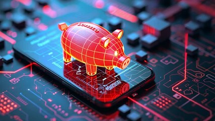 Poster - Digital piggy bank on smartphone screen amidst vibrant circuit board design in futuristic setting