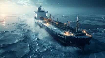 Aufkleber - A cargo ship continues its journey through icy waters, braving the cold morning light. The vessel is surrounded by drifting ice, highlighting the challenges of maritime navigation in winter.