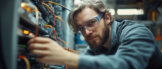 Poster - Man operating a machine in a workshop setting with tools and equipment surrounding him