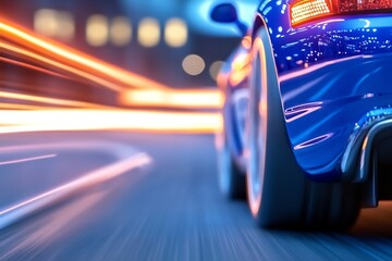 Blue sports car speeding at night, city blur