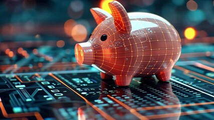 Poster - Digital piggy bank representing financial savings in a tech-inspired environment with glowing elements