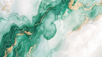  Elegant green and white marble texture with gold veins, creating a luxurious and abstract natural pattern. Copy space