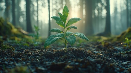 Wall Mural - Young plant emerging from soil in misty forest setting