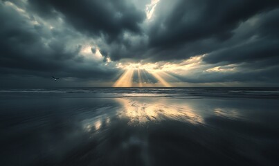 Aufkleber - Dramatic clouds reflect in calm waters as light breaks through, creating a serene yet moody atmosphere.