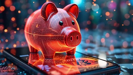 Poster - Digital piggy bank placed on smartphone screen, representing financial technology in modern banking and saving tools