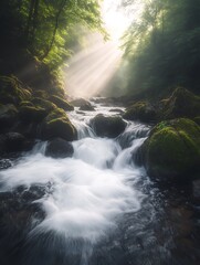 Aufkleber - Serene stream flowing over mossy rocks with sunlight filtering through trees.