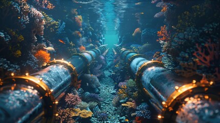 Aufkleber - Beautiful coral formations thrive around large metal pipes beneath the surface, highlighting the contrast between industrial structures and vibrant marine life in the ocean.