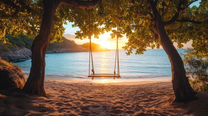 Wall Mural - Tropical beach sunset swing, idyllic seascape, calm ocean, vacation