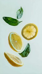 Aufkleber - Three vibrant lemon slices and three fresh green leaves levitating against a light green background, creating a refreshing and lively visual perfect for summer and spring themes