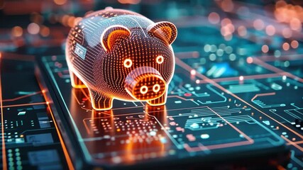 Poster - Digital piggy bank on smartphone showcasing futuristic financial technology concepts in vibrant neon colors