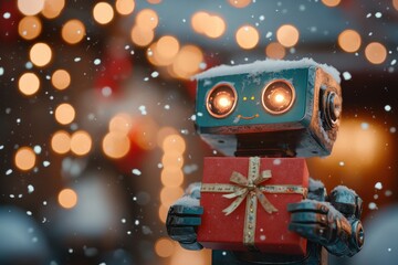 Poster - Robot holding Christmas gift outdoors with lights and snow Robot holding a red gift box outside in snowy Christmas setting Concept .