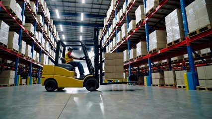 Aufkleber - Warehouse worker skillfully operates a forklift, efficiently lifting and moving stacked boxes amidst towering storage racks within a bustling distribution center
