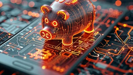 Poster - Digital piggy bank on smartphone with circuit patterns representing modern finance technology