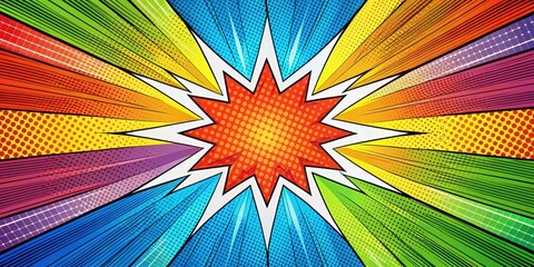 Colorful comic book art strip elements with bold graphics and vibrant colors against a bright white radial backdrop, illustration, abstract background