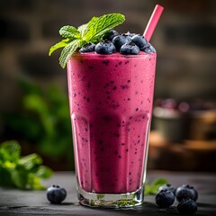 Vibrant mixed berry smoothie with blueberries and mint in a tall glass on a wooden background