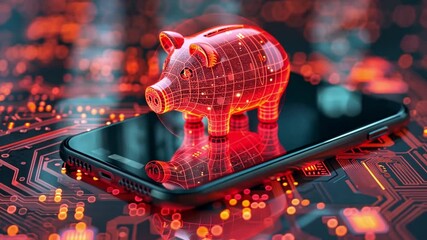 Poster - Digital piggy bank standing on a smartphone showcasing futuristic finance technology