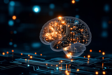 Poster - A human brain outline connected by intricate circuit lines symbolizes the fusion of neuroscience and technology