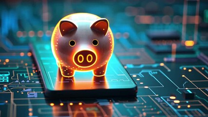 Poster - Modern financial technology showcases glowing piggy bank on smartphone with circuit patterns