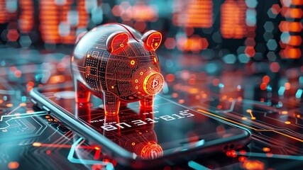 Poster - Digital savings represented by a piggy bank on a smartphone with vibrant technology graphics