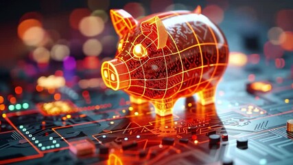 Poster - Digital piggy bank on glowing circuit board background with vibrant bokeh effect showcasing futuristic financial concept