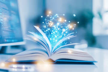 Poster - An open book turns into a glowing digital display, with bright particles rising from its pages, blending traditional reading and modern tech in a softly colored workspace