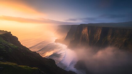 Poster - Stunning coastal cliffs with crashing waves under a dramatic sunset sky.