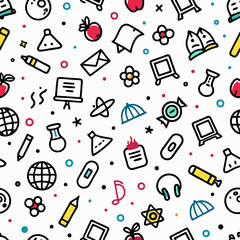 colorful doodle seamless pattern school, science, art, music, background, website, design